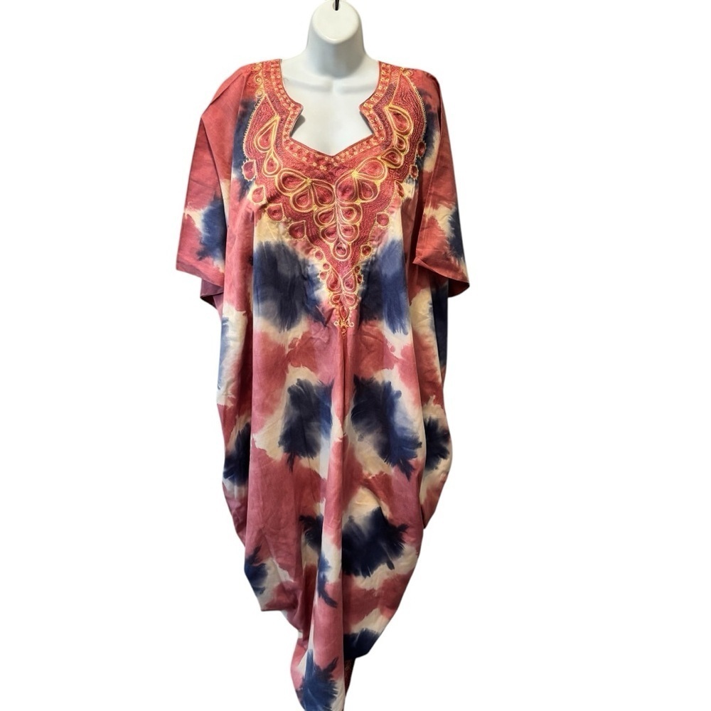 Handmade Tie Dye Kaftan Embroidered Trim Neck Hem Pink Blue OS Boho Kimono